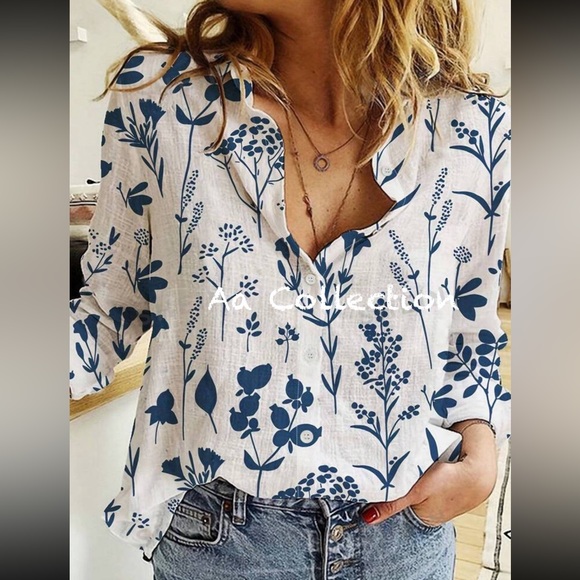 Boho Floral Print Button Down Up Shirt Top Blouse - Picture 2 of 6